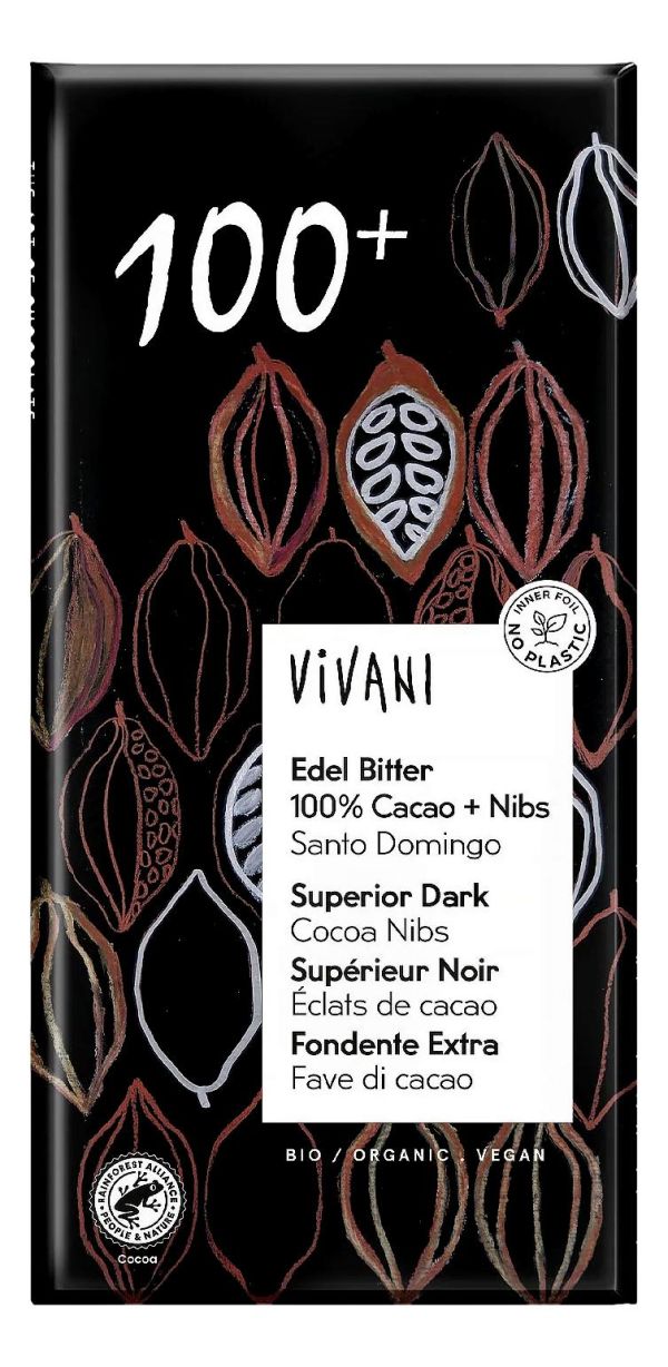 100% Cocoa Dark Chocolate with Cocoa Nibs